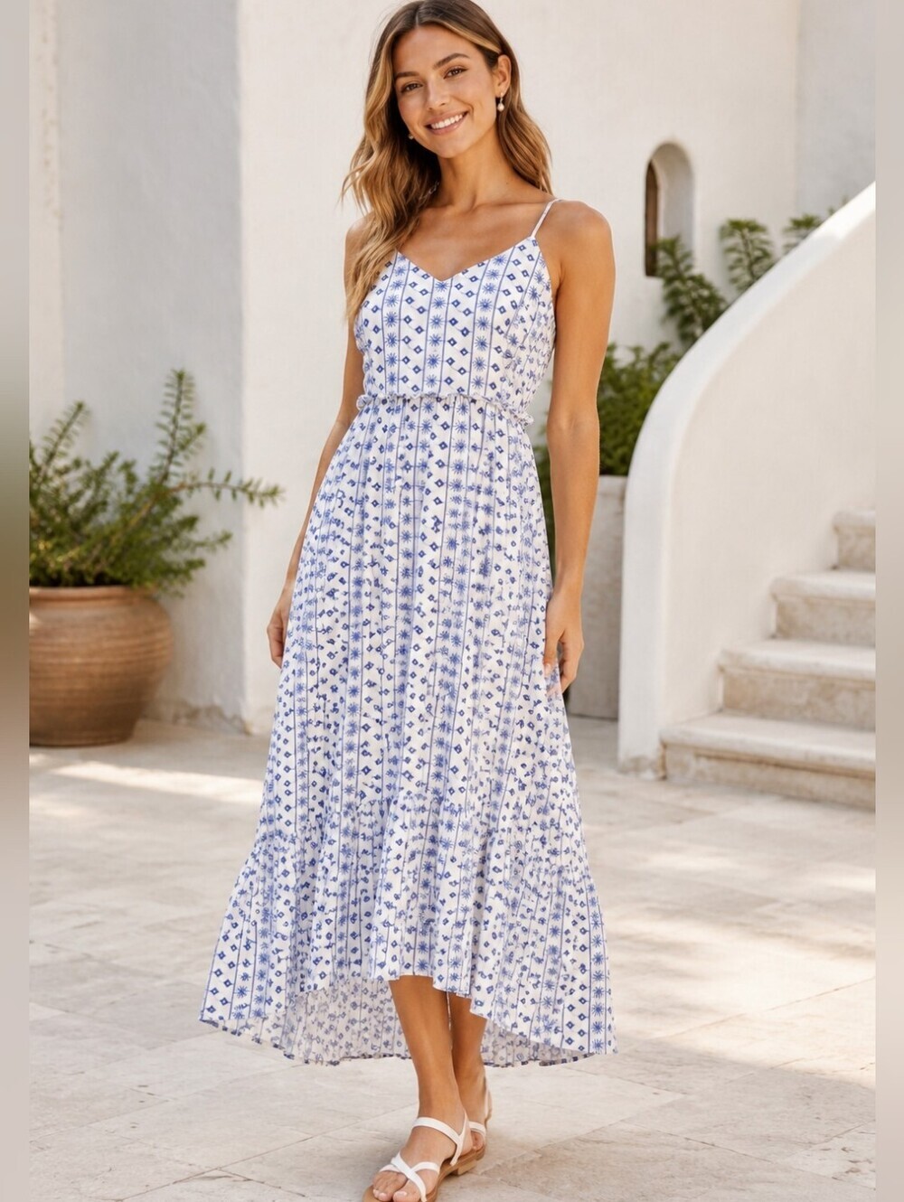 Miami Blue White Print High Low Ruffle Maxi Dress Medium